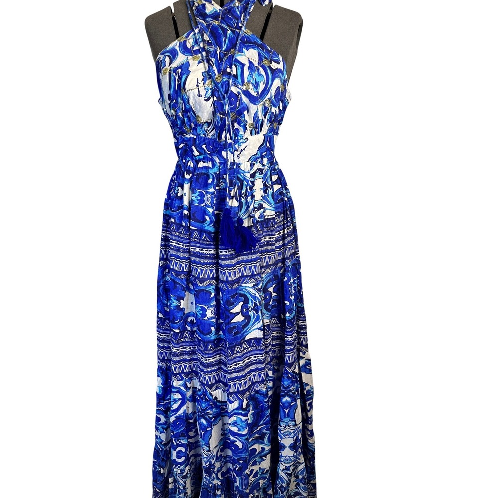 NWT ANTICA SARTORIA Blue White Printed Halter Maxi Dress One Size